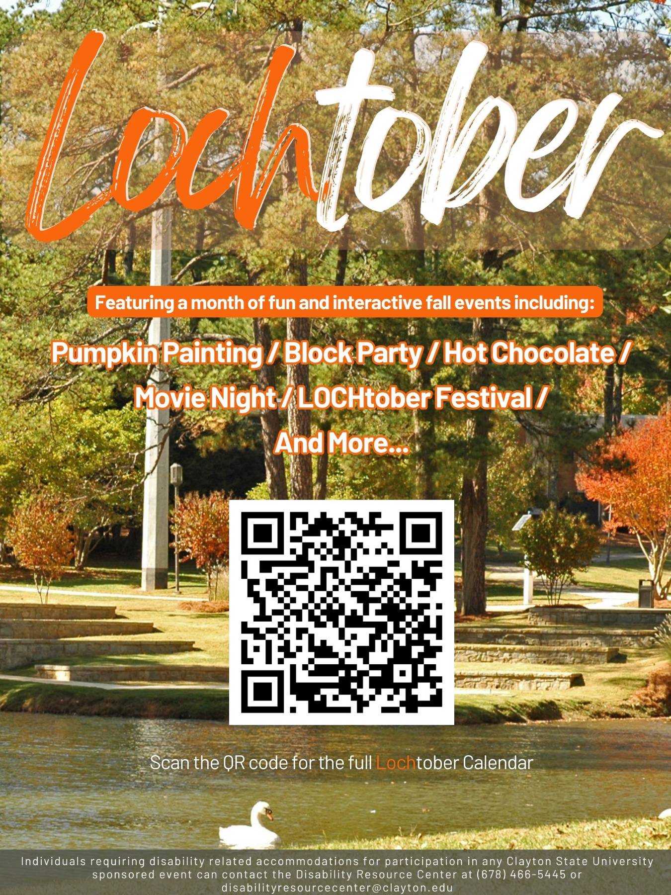Lochtober Featuring a month of fun & interactive events: Image of QR code to link: clayton.edu/campus-life/lochtober