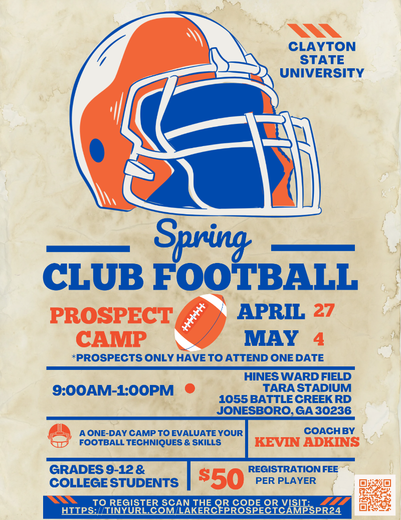 Club Sports Football Prospect Camp Sp24 Flyer. Contains image of a football helmet and a football; all information from flyer listed below