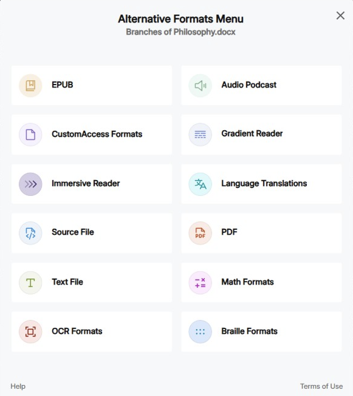 YuJa Panorama Atlernative Format Menu
