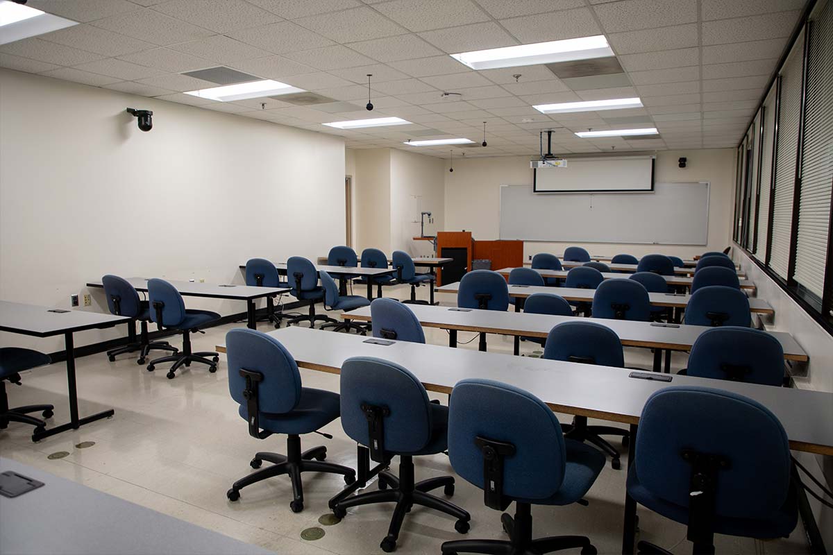 Clayton Hall high tech classroom looking at the board