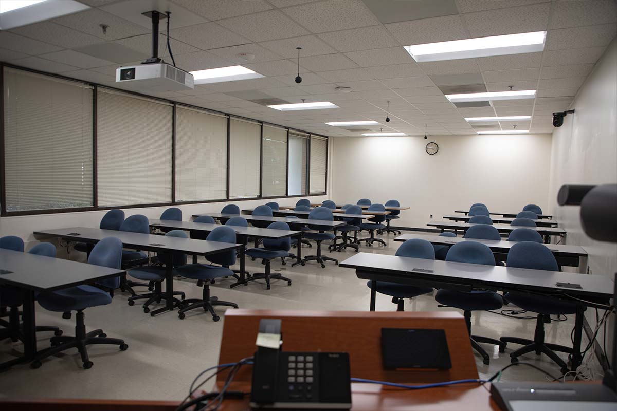 Clayton Hall high tech classroom looking at the desks
