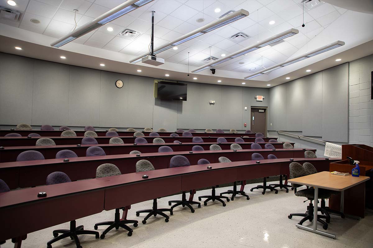 Lecture Hall high tech tiered classroom looking at the audience
