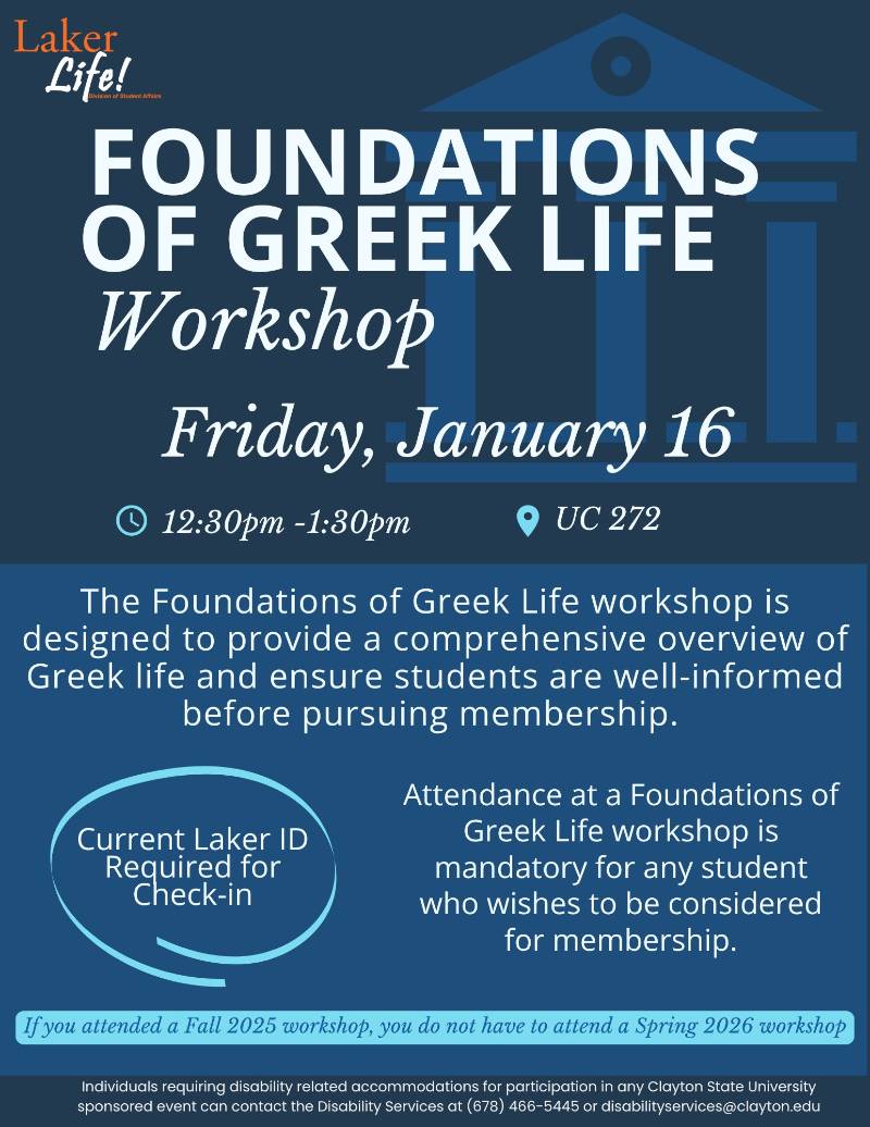 Flyer for Foundations of Greek Life Workshop. Includes a graphic of the Georgia State Building. Information below. 