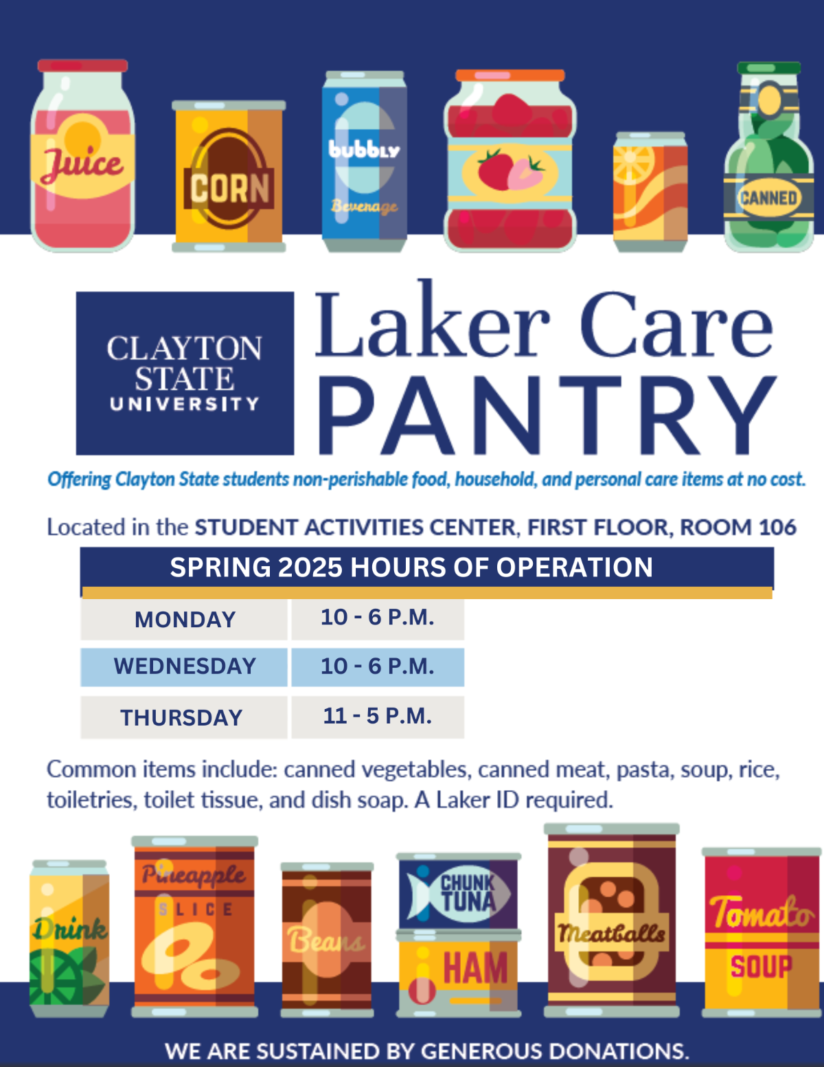 Laker Care Pantry flyer, includes several images of can goods, and various products. Hours information below.