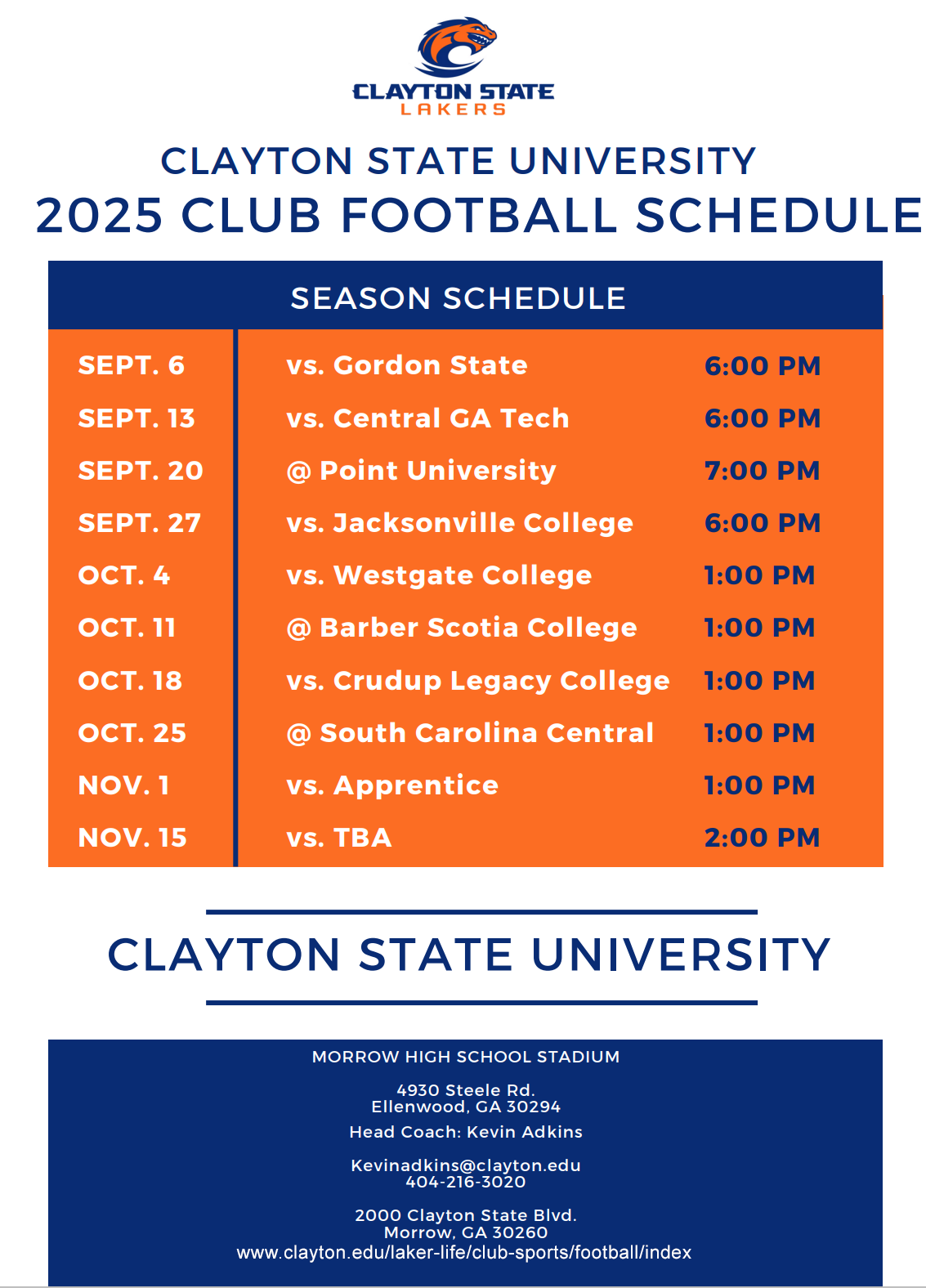 Schedule for 2025 Club Football Schedule