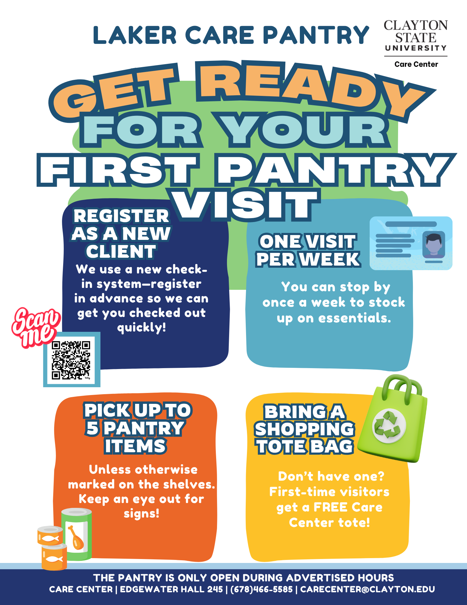 Laker Care Pantry Get Ready flyer, includes several graphics of an ID card, a QR Code, can goods, and a reuseable shopping bag. Information below.