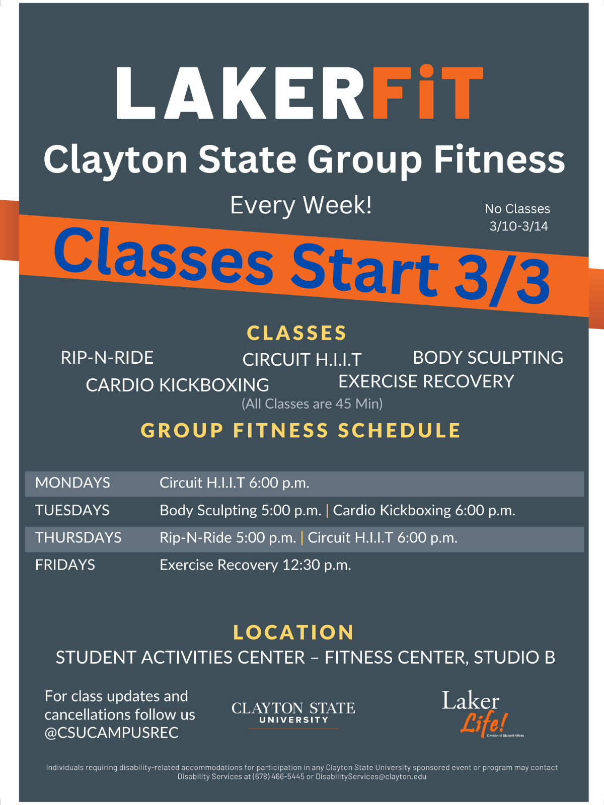 Flyer for Laker Life's Laker Fit Grou Fitness classes. Information below.