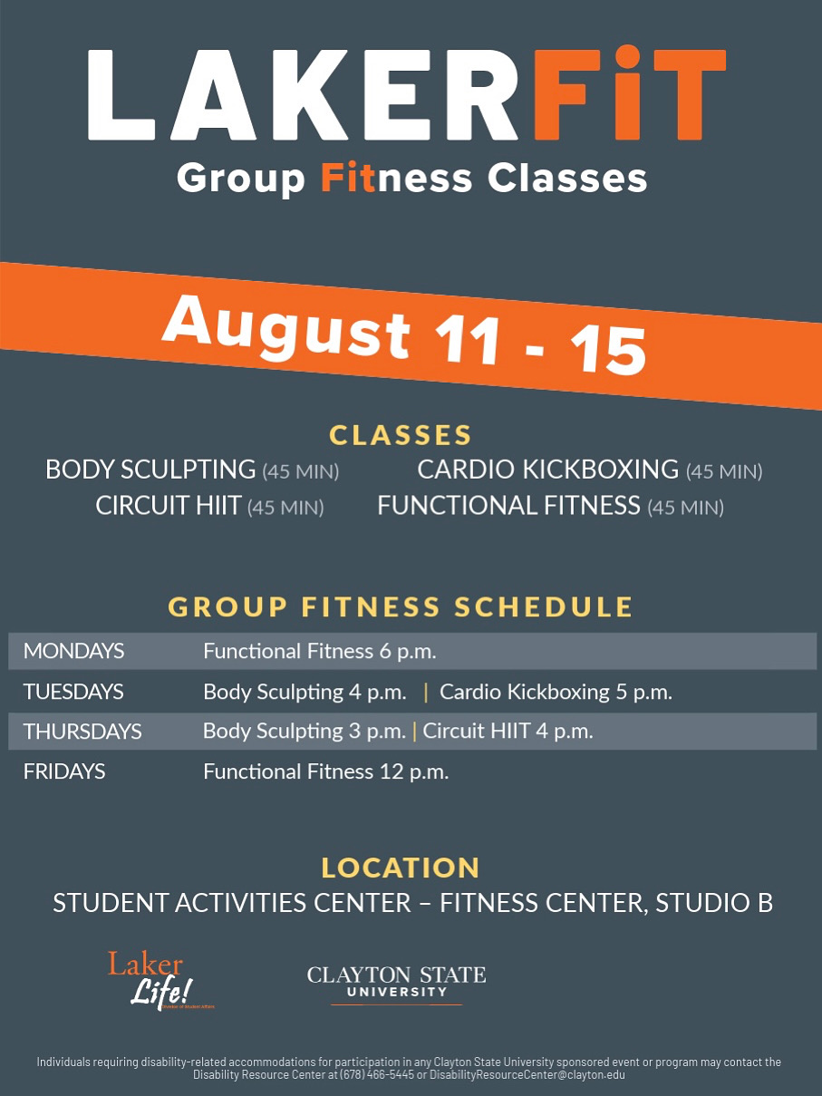 Flyer for Laker Life's Laker Fit Group Fitness classes. Information below.