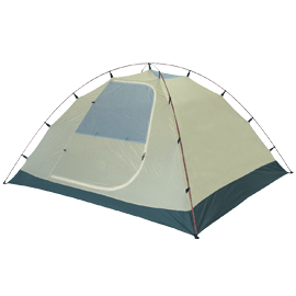 Image of a tan-colored tent with a square-set base