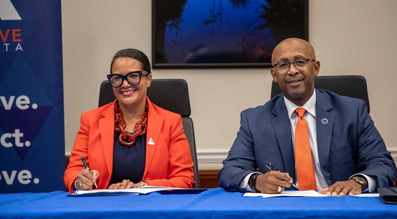 Left, Achieve Atlanta President Dr. Cheryl Watson-Harris, right, Clayton State University President Dr. Georj Lewis