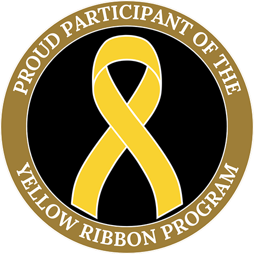 Yellow Ribbon Program participant logo with a gold ribbon and the text “Proud Participant of the Yellow Ribbon Program.”